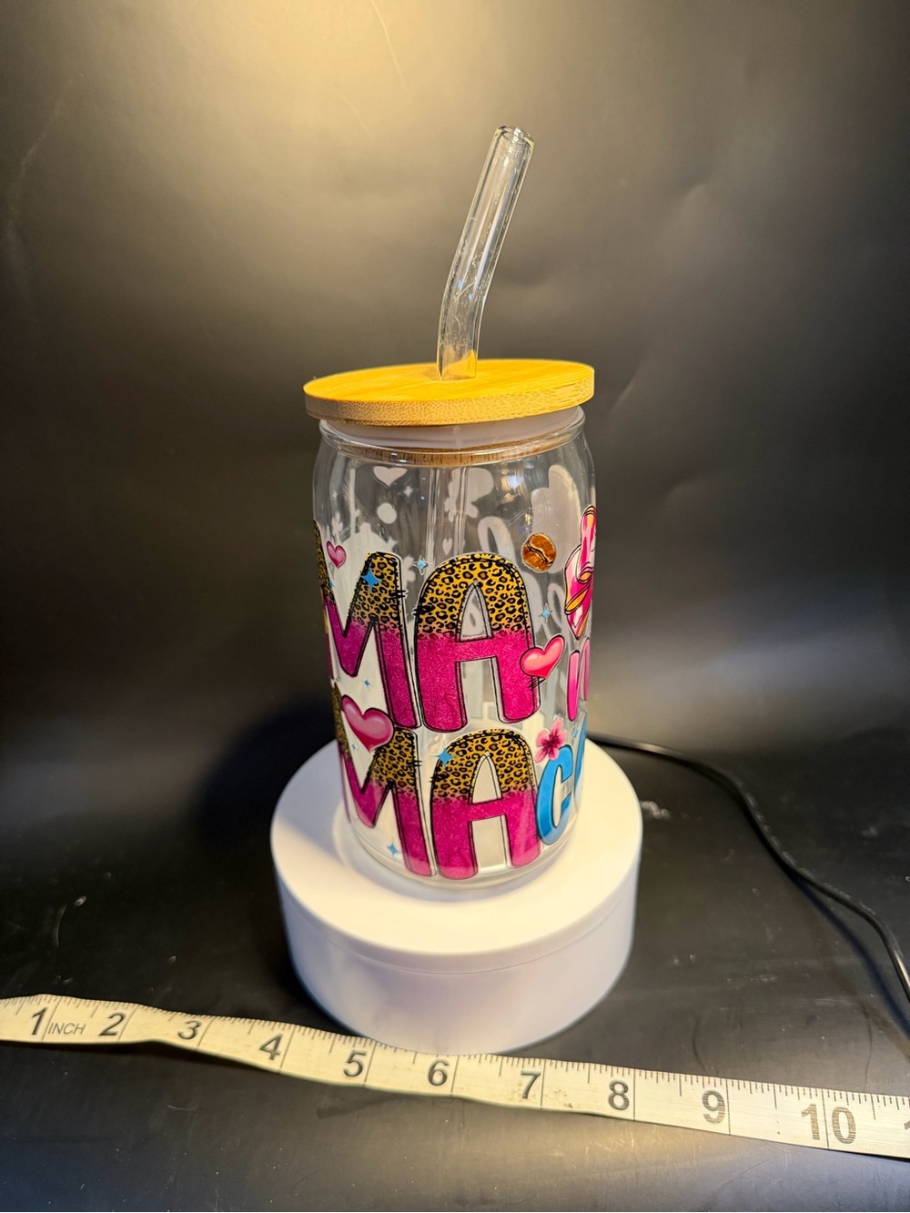 Colorful 'MAMA' Glass Straw Tumbler with bamboo Lid